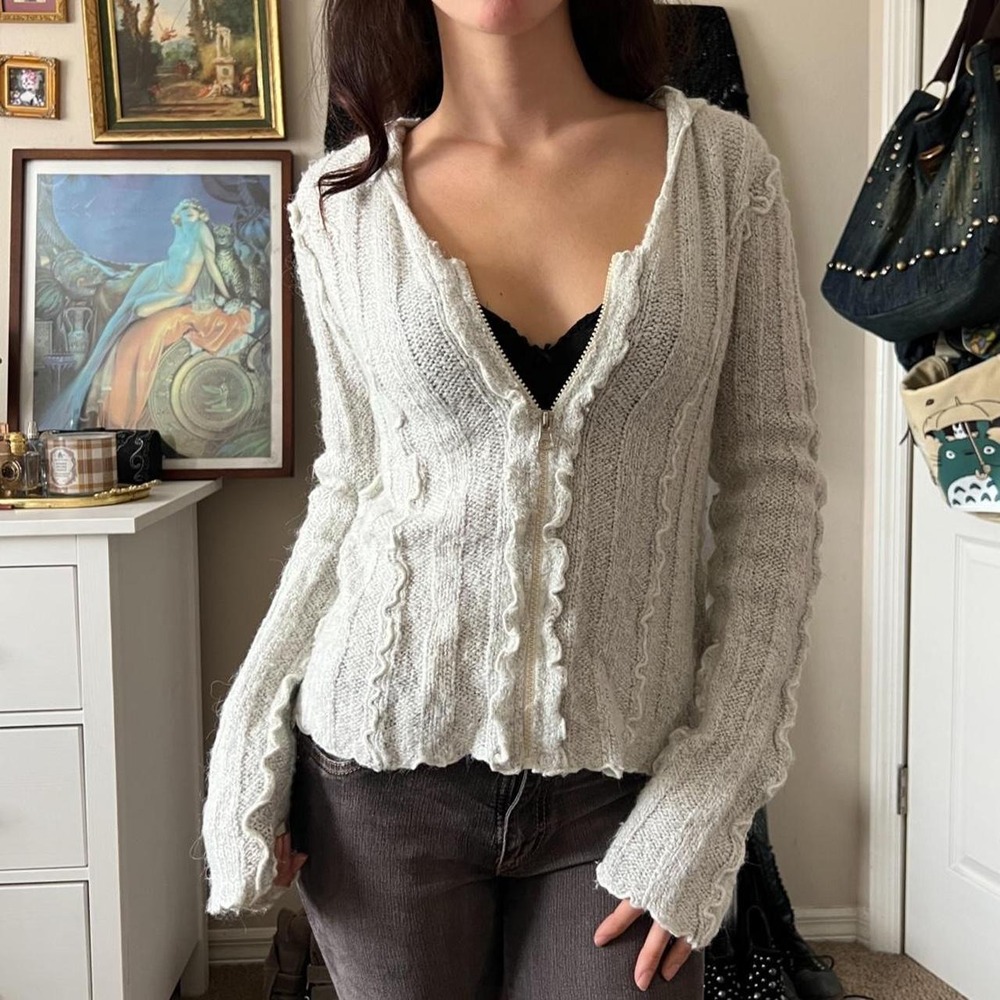 Doumeng Womens Boho Ruffle Zip Up Hoodie Grey Knit Sweater Y2K Cottagecore